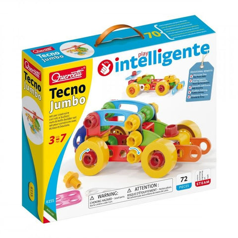 Konstruktoriaus rinkinys Quercetti Tecno Jumbo, spalvoti plastikiniai elementai, 72 dalys, pakuotės priekinė pusė, skirtas vaikams nuo 3 metų