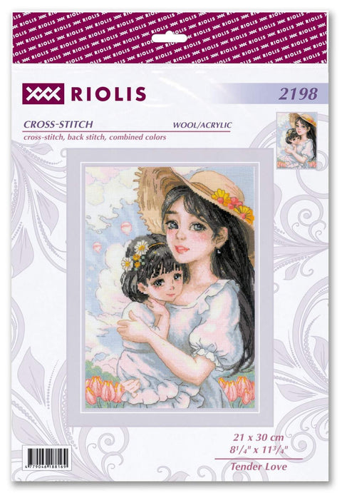 kryželių rinkinys RIOLIS Tender Love 21×30 cm — švelnios pastelės, motinos ir vaiko paveikslas ant pakuotės