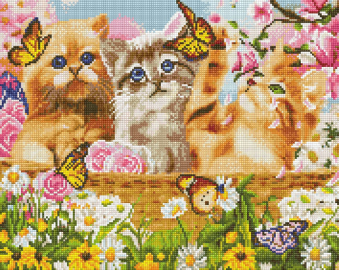 siuvinėjimo rinkinys su trim kačiukais ir drugeliais, sodrios rožinės bei geltonos spalvos, 30×30 cm pilnas dizainas iš priekio