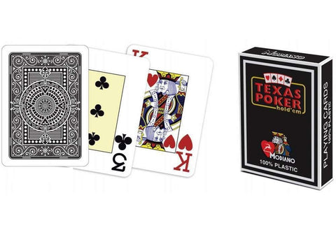 Kortos Modiano Texas Poker 100% plastikas – juoda dėžutė ir atverstos kortos, matoma nugarėlė, 3 treflė ir širdžių karalius