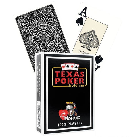 Pokerio kortos Texas Poker Modiano, juoda 100% plastiko dėžutė, jumbo indeksas, matomas tūzas ir ornamentuota nugarėlė