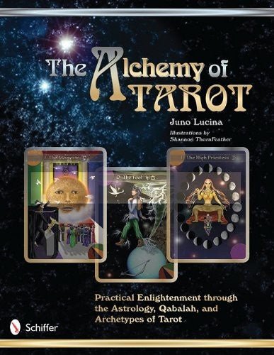 Tarot knyga The Alchemy of Tarot Juno Lucina, tamsus žvaigždėtas viršelis su trimis pavyzdinėmis kortomis