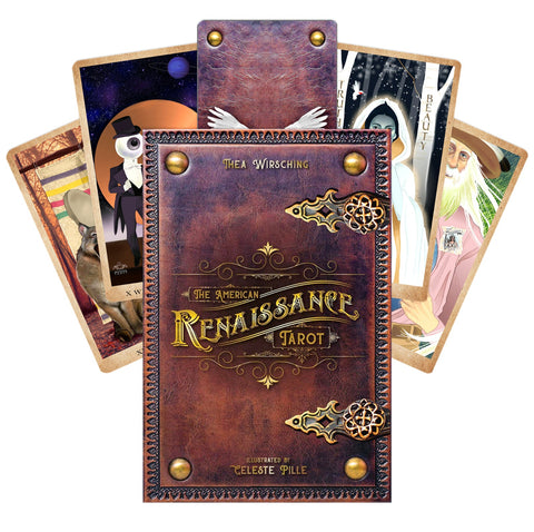 Tarot kortos American Renaissance su rudu odiniu dėklu ir fanuotai išdėstytomis iliustruotomis kortomis