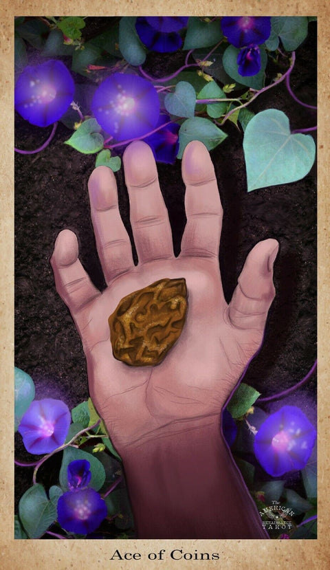 Tarot korta Ace of Coins — atversta korta su delne laikomu monetos akmenėliu ir violetinėmis rytinėmis gėlėmis