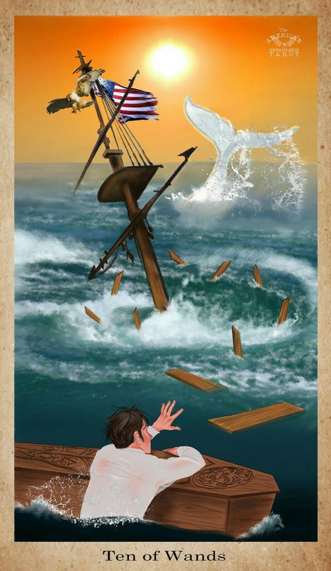 Tarot korta „Dešimt lazdelų“ (American Renaissance) — oranžinis dangus, nuskendęs laivo stiebas, balta banginės uodega ir išsibarstančios lentos