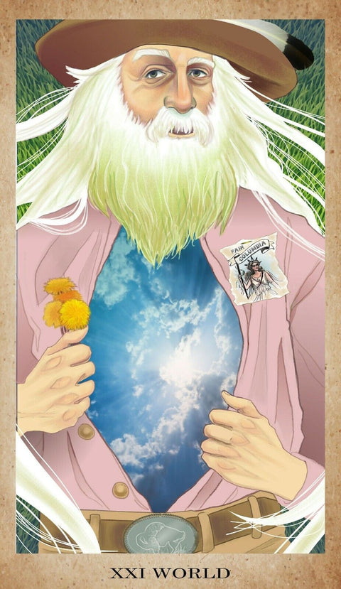 Tarot korta Pasaulis su senolio figūra rožinėje striukėje, atlapais atveriančiais dangaus peizažą ir geltonomis gėlėmis