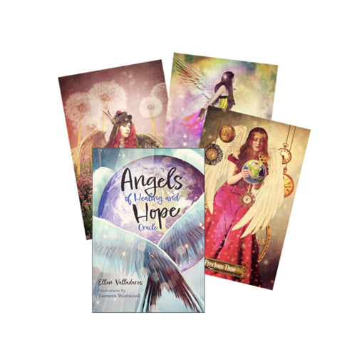 Angelų kortos Healing and Hope komplektas su spalvingu dėklu ir trimis aiškinamosiomis iliustruotomis kortomis