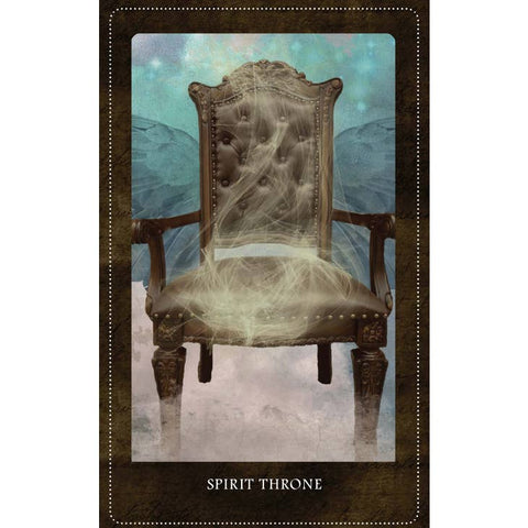 Spirit Throne korta, priekis: antikinio odinio krėslo iliustracija su švytinčia dvasios tekstūra ir mėlynu fonu