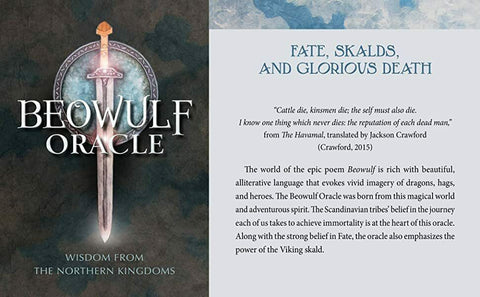 Beowulf Oracle kortų rinkinys: tamsiai žalsvas viršelis su kalaviju ir pavyzdinis įžangos tekstas apie likimą