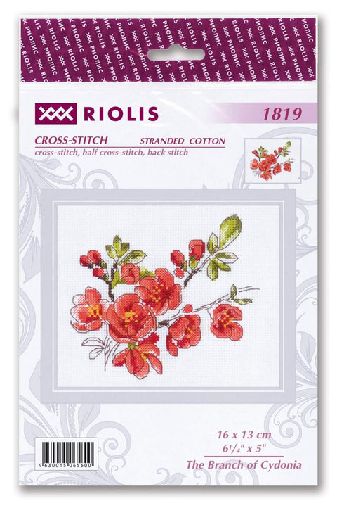 Kryželių rinkinys Riolis su raudonomis cydonijų žiedų detalėmis, 16×13 cm, komplekte audinys, siūlai ir schema
