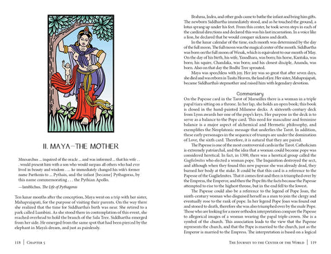 tarot korta Maya – spalvinga vertikali iliustracija: moteris su kūdikiu po medžiu, raudona suknele ir violetiniu šaliu, aiškus kontūrinis stilius