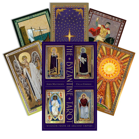 Byzantine Tarot kortos — komplektas su violetine dėžute ir auksuotomis Bizantijos stiliaus kortomis, išdėstytomis vėduokle