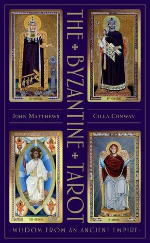 Bizantijos tarot kortų rinkinys — violetinė dėžutė su keturiomis auksuotomis bizantiškomis kortomis ir autoriais