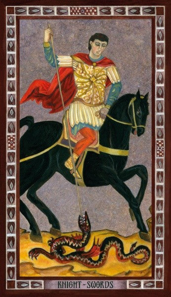 Tarot korta Kardų riteris — pilnai matoma korta su auksine šarvuota figūra ant juodo žirgo, raudonu apsiaustu ir ietimi nukreipta žemyn