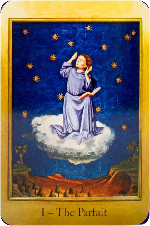 Tarot korta The Parfait, kortos priekinis vaizdas su mėlynu dangumi, vienuoliu ant debesies ir auksiniu rėmu, kolekcijos variantas