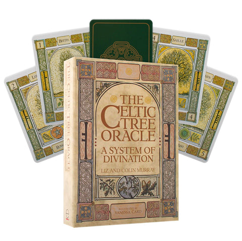 Celtic Tree Oracle kortų rinkinys su ornamentuota dėže ir penkiomis išskleistomis kortomis, matomas dėžės viršelis ir kortų nugarėlės