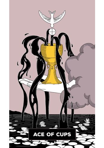 Tarot korta Ace of Cups, vertikalus iliustracinis plakatas su geltona taure, juodu tekiančiu skysčiu, balta balandžiu ir lelijos motyvais