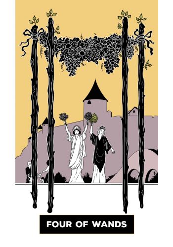 Keturių lazdelės tarot korta, pilkai–gelsvas fonas, dvi figūros po vynuogių vainiku — stiliaus kortos variantas