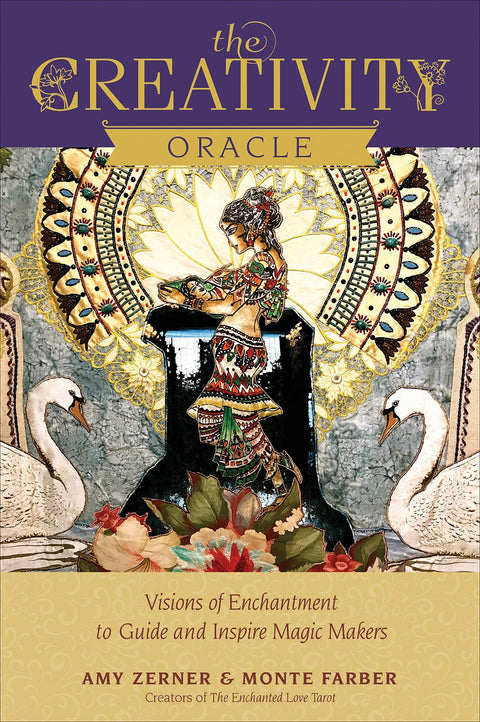 Knyga „The Creativity Oracle“ autorių Amy Zerner ir Monte Farber, violetinis ir auksinis viršelis su ornamentine iliustracija – spalvinga šokanti moteris tarp gulbių, skirtas produktų galerijos viršeliui