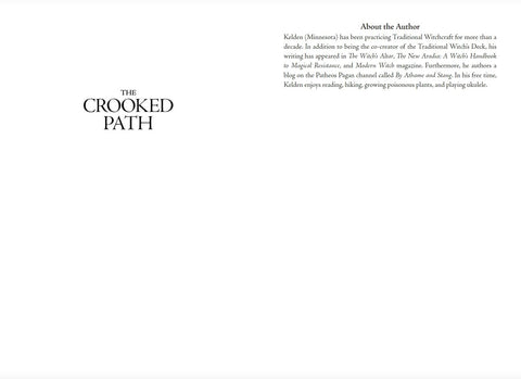 Knyga The Crooked Path – vidinė titulinė puslapio versija su minimaliu baltu fonu ir autoriaus pristatymu dešinėje