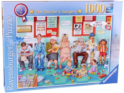 Dėlionė Ravensburger 1000 dalių, komiška „The Doctor's Surgery“ laukiamojo scena su įvairiais personažais