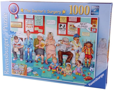 Dėlionė Ravensburger 1000 detalių "The Doctor's Surgery" — spalvinga dėžutės priekinė pusė matoma iš šono, tinkama dovanai