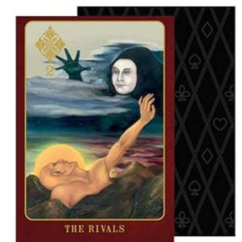 Tarot korta The Rivals su raudonu rėmeliu, priekinis planas; alegorinė scena – ištiesta ranka link mėnulio veido ir silueto užuomina