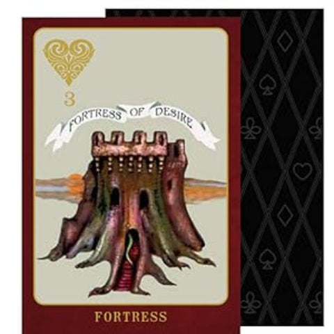 tarot korta Fortress, priekis ir nugarėlė galerijoje; bordo rėmas, auksinis simbolis, juodas rombų raštas
