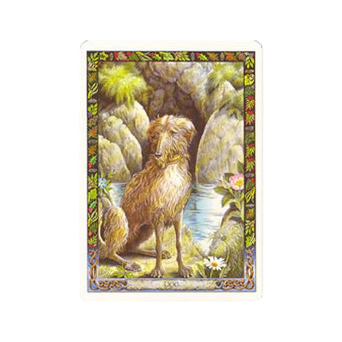 Tarot korta LXX su smulkiai pieštu rusvu šunimi prie upelio, dekoratyvus žalio‑raudono lapų rėmelis