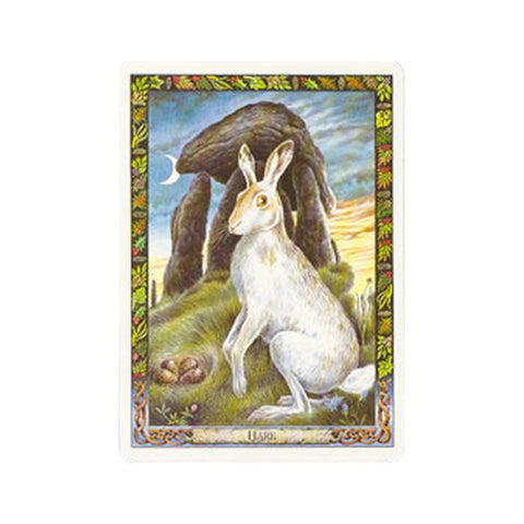 tarot korta su baltu kiškiu ir mėnuliu prie menhirų, priekinė iliustracija parduotuvės kortų komplektui, skirtas aiškinimui ir kolekcijai
