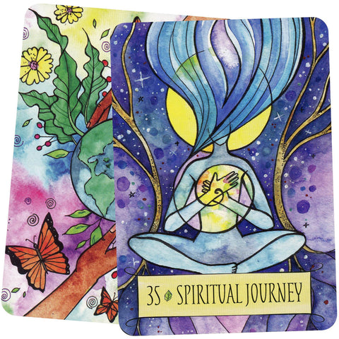 Kortų rinkinys 35 vnt., Spiritual Journey viršelis su mėlyna medituojančia figūra ir naktiniu žvaigždėtu fone