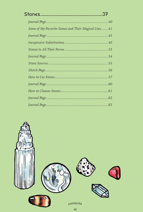 knygos turinys: skirsnių sąrašas apie akmenis ir apačioje matomos rankų pieštos kristalų ir akmenų iliustracijos