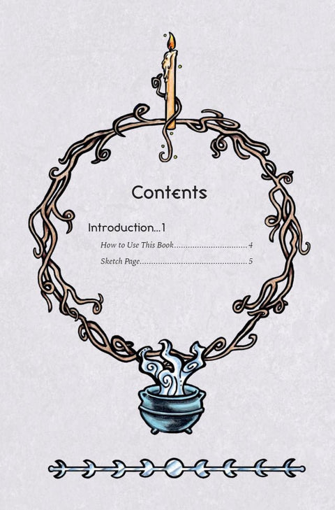 knyga turinys: dekoratyvus puslapis su vijoklių vainiku, degančia žvake viršuje ir dūmus leidžiančiu ketausu apačioje