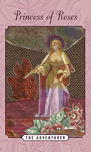 tarot korta Princess of Roses (The Adventurer), rožiniu rėmeliu, moters figūra su kardais ir gėlėmis priekyje