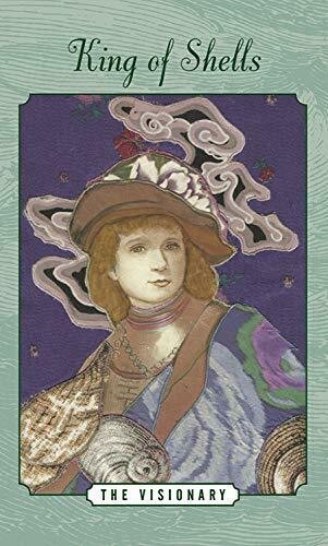 tarot korta Karalius kriauklių, violetinė meninė iliustracija su moters portretu, kriauklėmis ir dekoratyviu fonu