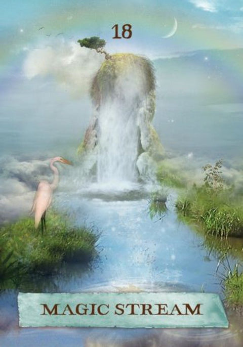 Korta "Magic Stream" (18) su kriokliu, rožiniu garnėju ir mėnuliu, mistiška iliustracija orakulo sesijoms