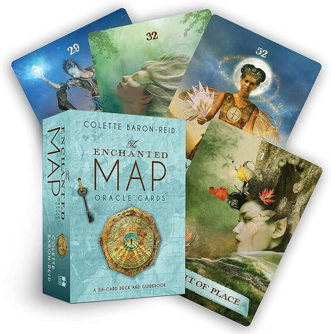 Oracle kortos Enchanted Map, Colette Baron‑Reid, šviesiai mėlyna dėžutė ir 54 kortų kaladė su keliomis atvertomis kortomis