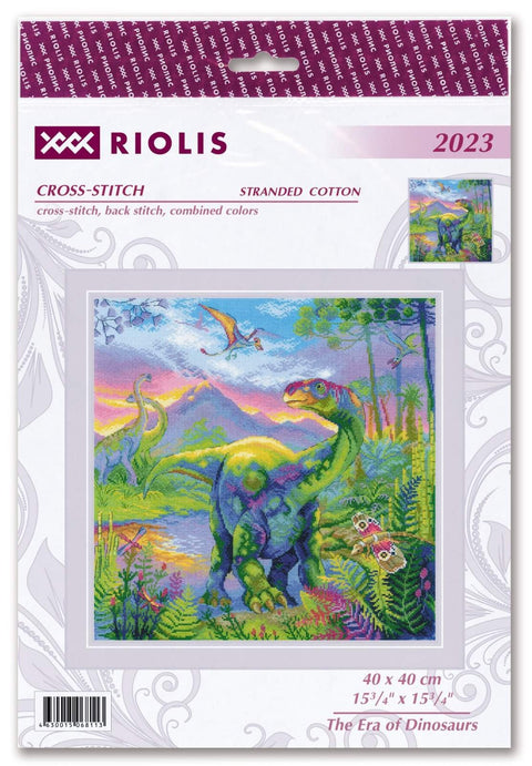 Siuvinėjimo rinkinys Riolis 40×40 cm — spalvingas dinazauro peizažas su kalnais, skraidančiais pterodaktiliais ir drugeliu