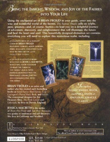 Faerių orakulo rinkinys Brian Froud — aukso rudos viršelis su iliustruota knyga, teksto aprašymu ir trijų kortų pavyzdžiais