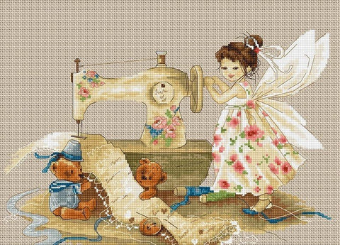 Siuvimo mašina kryželių siuvinėjimo rinkinyje su fėja ir meškiukais, pastelinių geltonų ir rožinių atspalvių, 30×24 cm