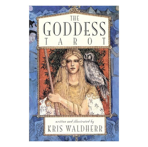 Tarot kortos "Goddess" autorės Kris Waldherr, viršelis su auksine deive ir pelėda, skirtos ritualams ir kolekcijai
