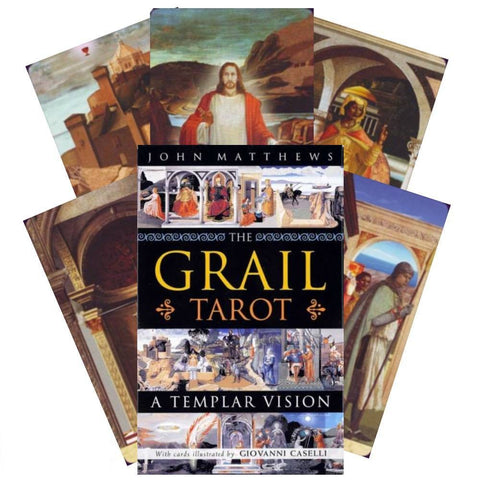 Grail Tarot rinkinys John Matthews leidimas, dėklas su viršeliu ir kortos fanuotoje kompozicijoje