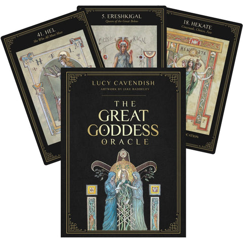 Orakulo kortos The Great Goddess, Lucy Cavendish dizainas juodoje dėžutėje su trimis iliustruotomis kortomis fone