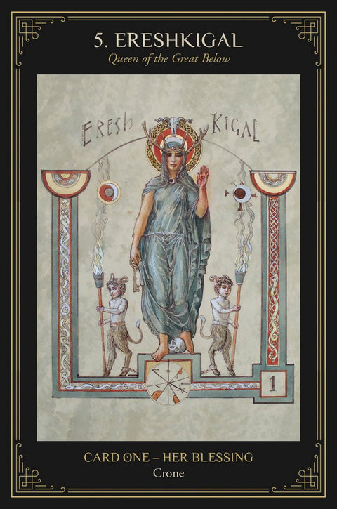 tarot korta Ereshkigal — stilingas juodas rėmas ir mitologinė deivės iliustracija, matoma kortos priekinė pusė