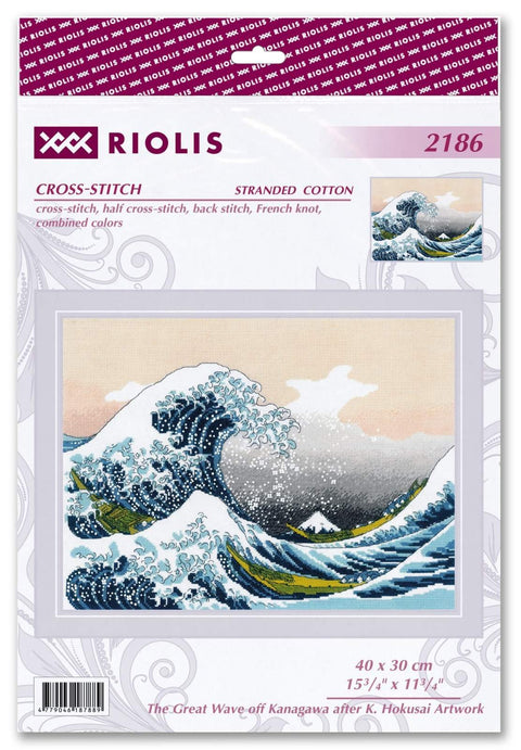 Kryželių rinkinys Riolis 40×30 cm su Hokusai „Didžioji banga“ motyvu, komplekte siūlai, audinys ir schema