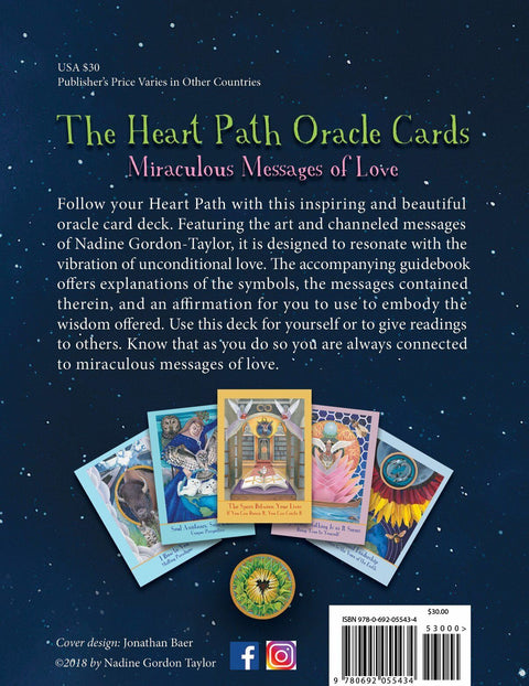 Oracle kortų rinkinys The Heart Path — knygos nugarėlė su paskleistomis spalvotomis kortomis, autoriaus ir kainos informacija