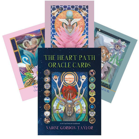 Oracle kortos The Heart Path (Nadine Gordon‑Taylor), spalvotas 44 kortų rinkinys su gidu, dėklo viršus ir trys pavyzdinės kortos