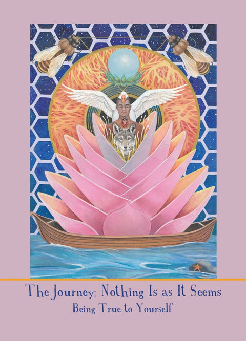 Tarot korta The Journey su rožiniu lotoso žiedu, vilku ir laivu, simbolizuojanti savęs ieškojimą ir paslaptį