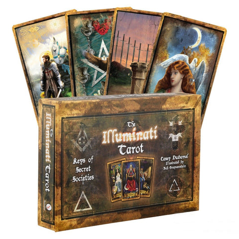 Tarot kortos Illuminati komplektas su dėže ir išskleistomis iliustruotomis kortomis, ant dėžutės senovinis dizainas