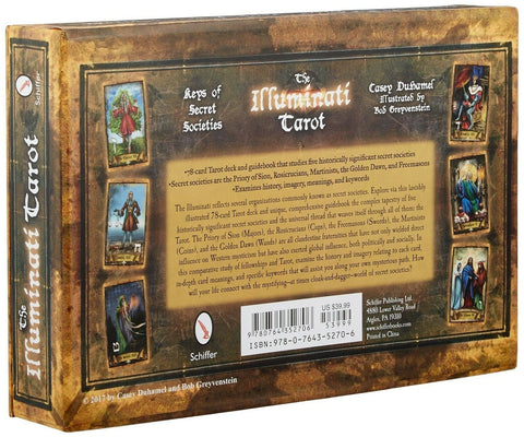 Illuminati Tarot kortų rinkinys – rudos dėžutės nugarėlė su 78 kortų ir vadovo aprašu, miniatiūrinėmis kortomis šonuose ir ISBN juostele